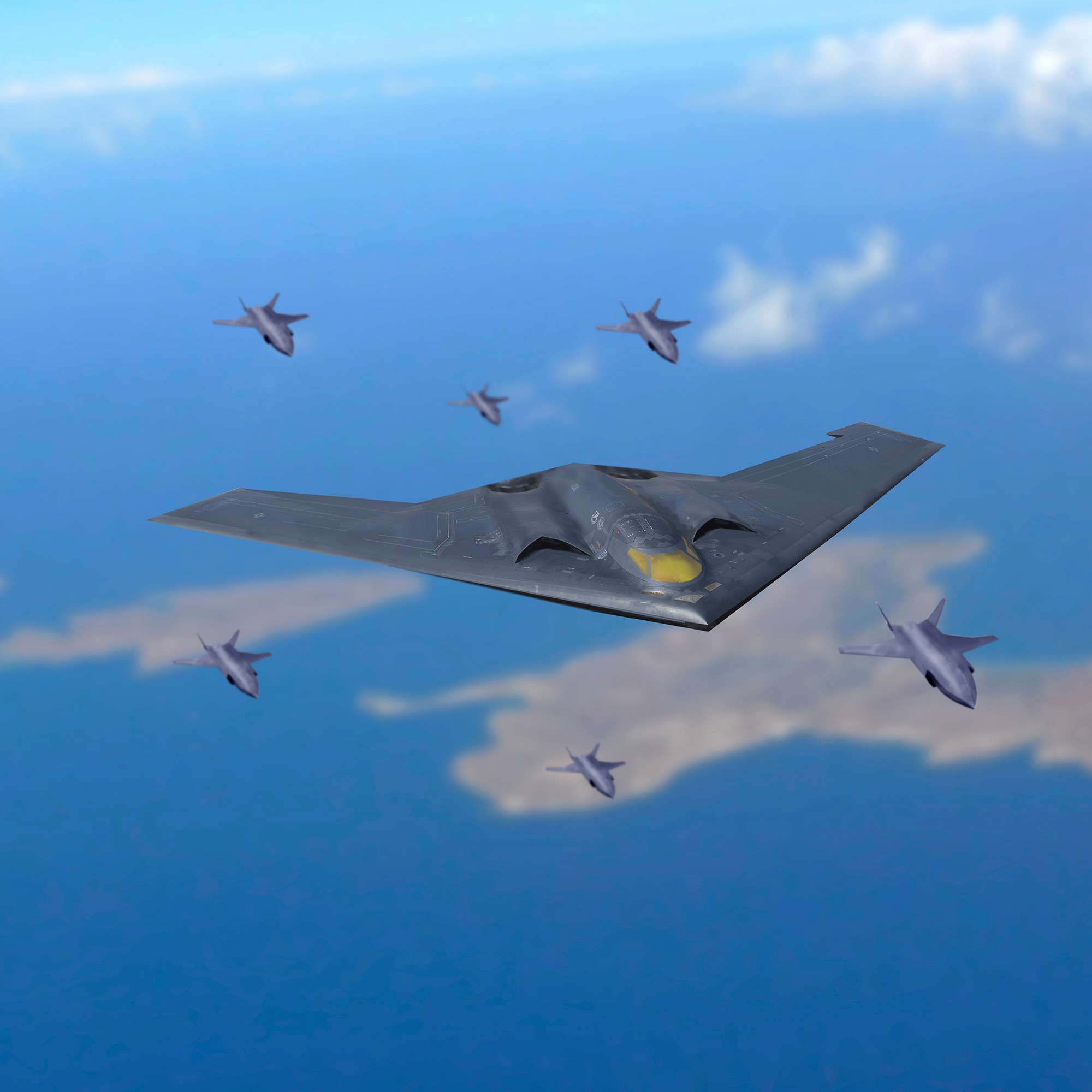  根據美國空軍構想，未來B-21除執行打擊任務，也可望做為無人機隊管制中樞，大幅提升制空作戰優勢。圖為其執勤示意圖。（取自美國空軍網站）