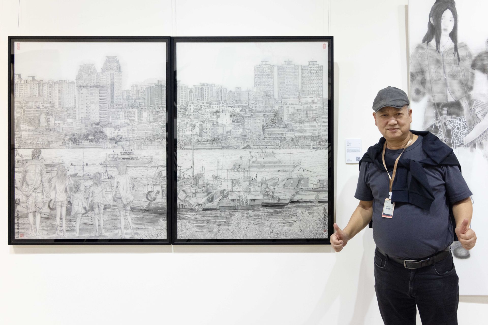 水墨類第１名張耀慶〈牽作伙逗陣行〉描繪淡水河兩岸繁華景象。（新北市文化局提供）