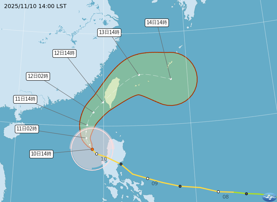 根據氣象署最新資料顯示，颱風鳳凰過去3小時強度略為增強，且對東沙島海面、巴士海峽及臺灣海峽南部將構成威脅。（氣象署提供）