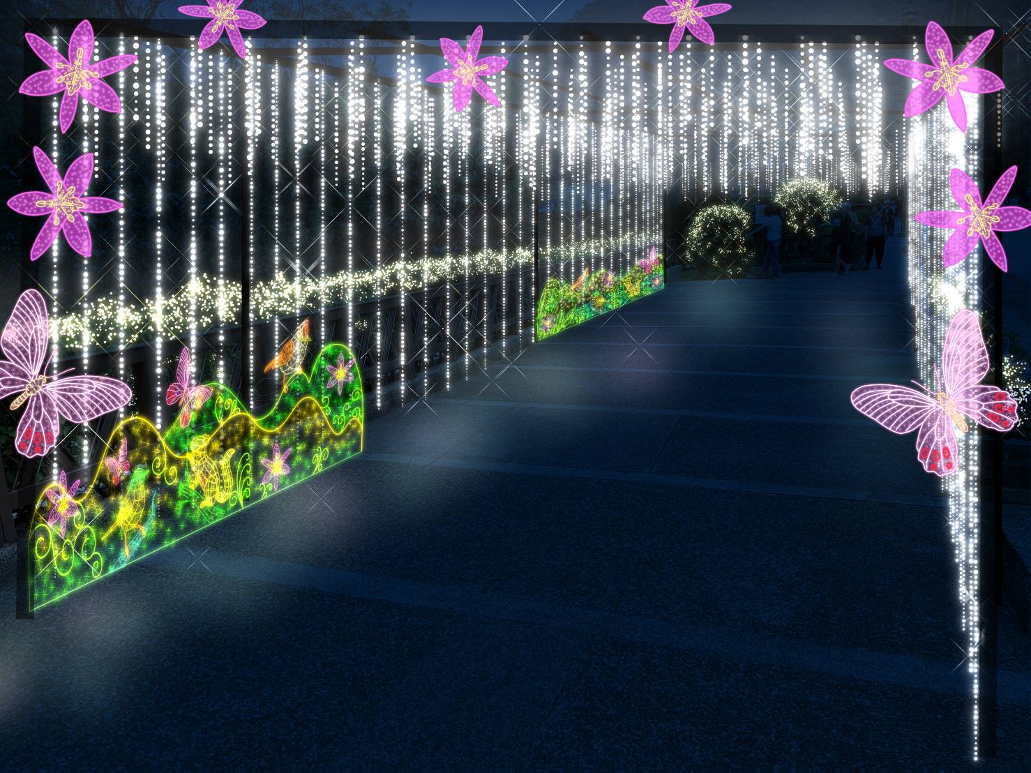 石溪蝶語燈區展現谷關生態意象的奇幻光景。（參山處提供）