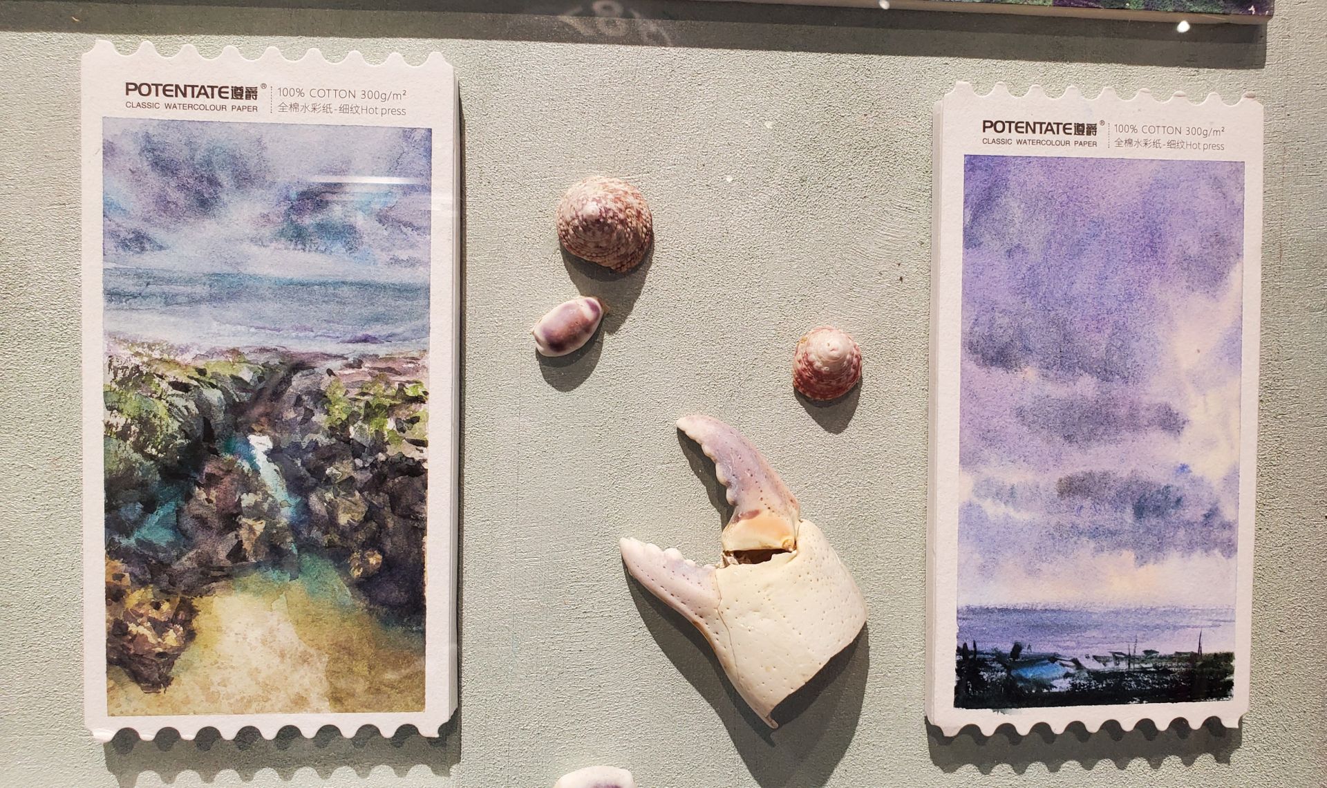水彩畫搭配貝殼展示，充滿自然閒適。（記者黃朝琴攝）