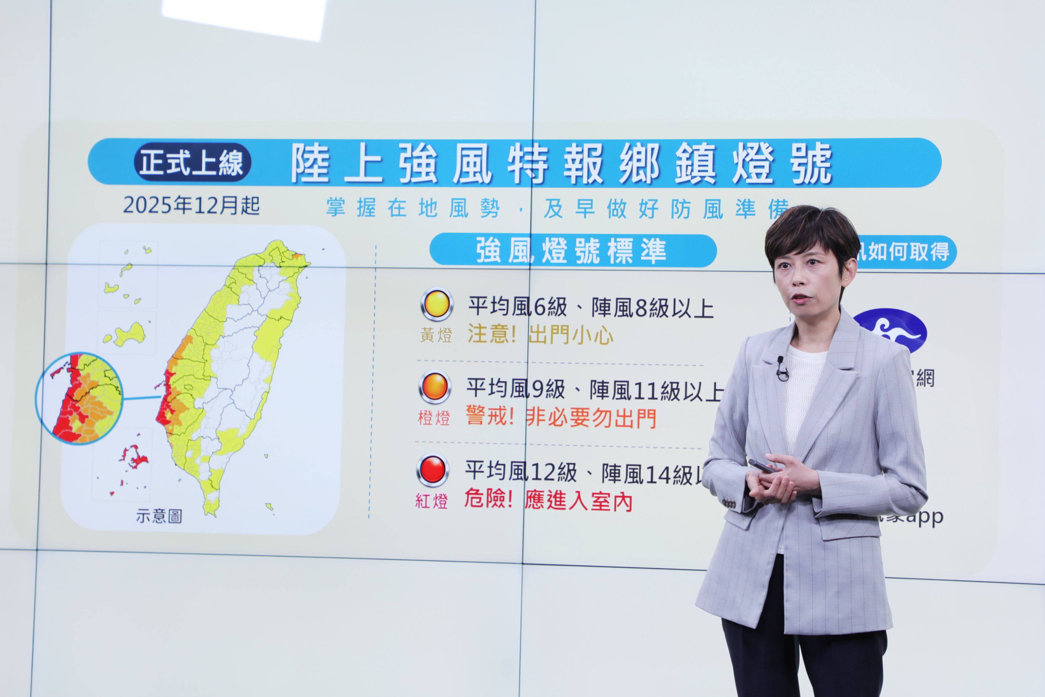 氣象署自今年3月起，試辦以黃、橙、紅三種等級「燈號」發布近2日內的強風「鄉鎮」預警，將於12月起正式上線。（記者古可絜攝）