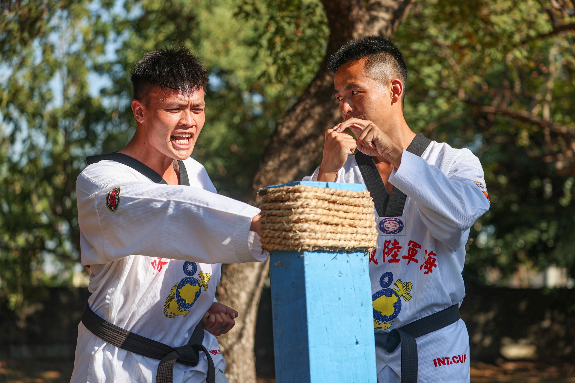  莒拳隊隊員透過擊打草靶，磨練擊打硬物的承受度。（本報資料照片）