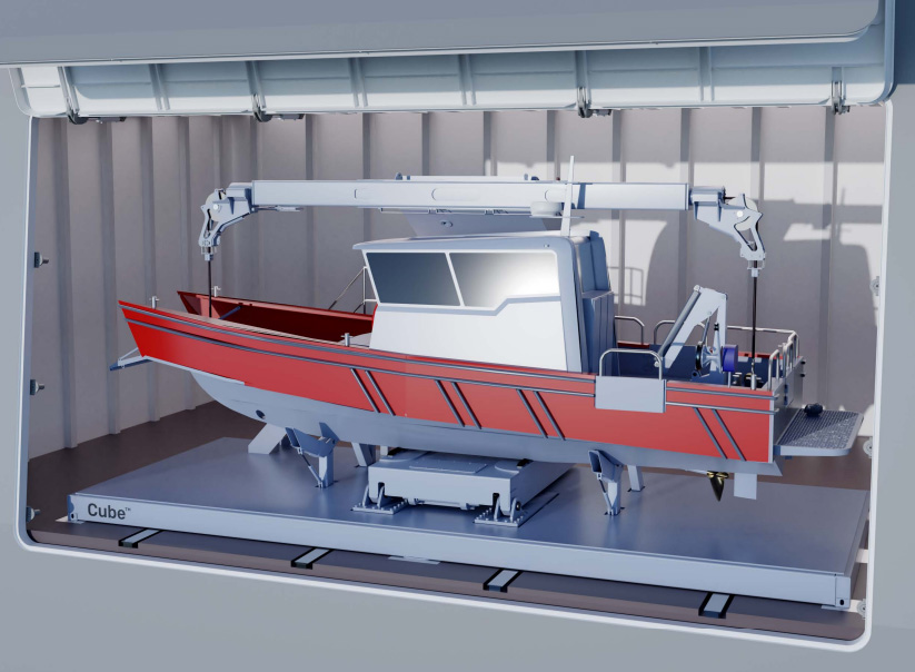 「方塊」模組有多達數十種配置。圖為裝載小艇施放與回收系統。（取自SH防衛公司網站）