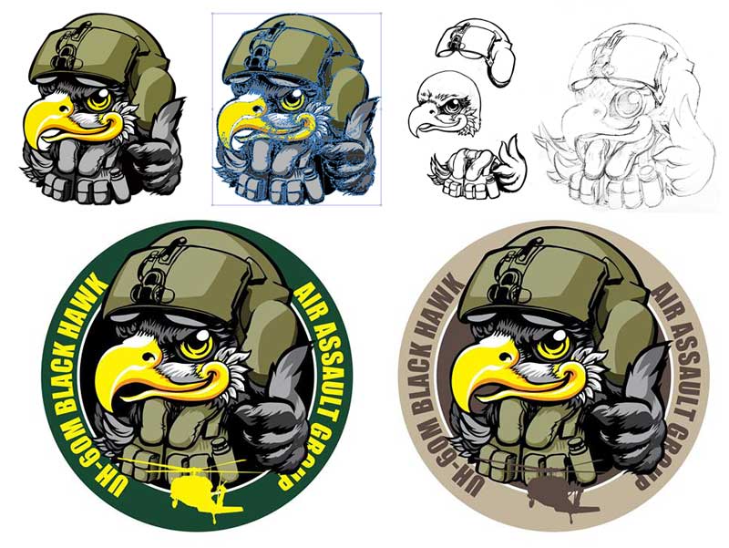 兼具單位代表性與融合軍事特點的假日版臂章，圖像設計過程皆從鉛筆草稿開始。