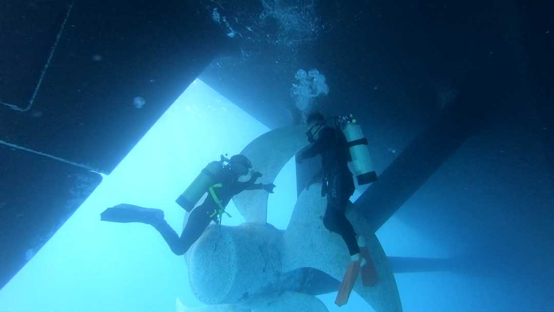 水下作業人員於靠泊期間，潛入水中進行俥頁檢查，確保航行安全。（水下作業大隊協助拍攝）