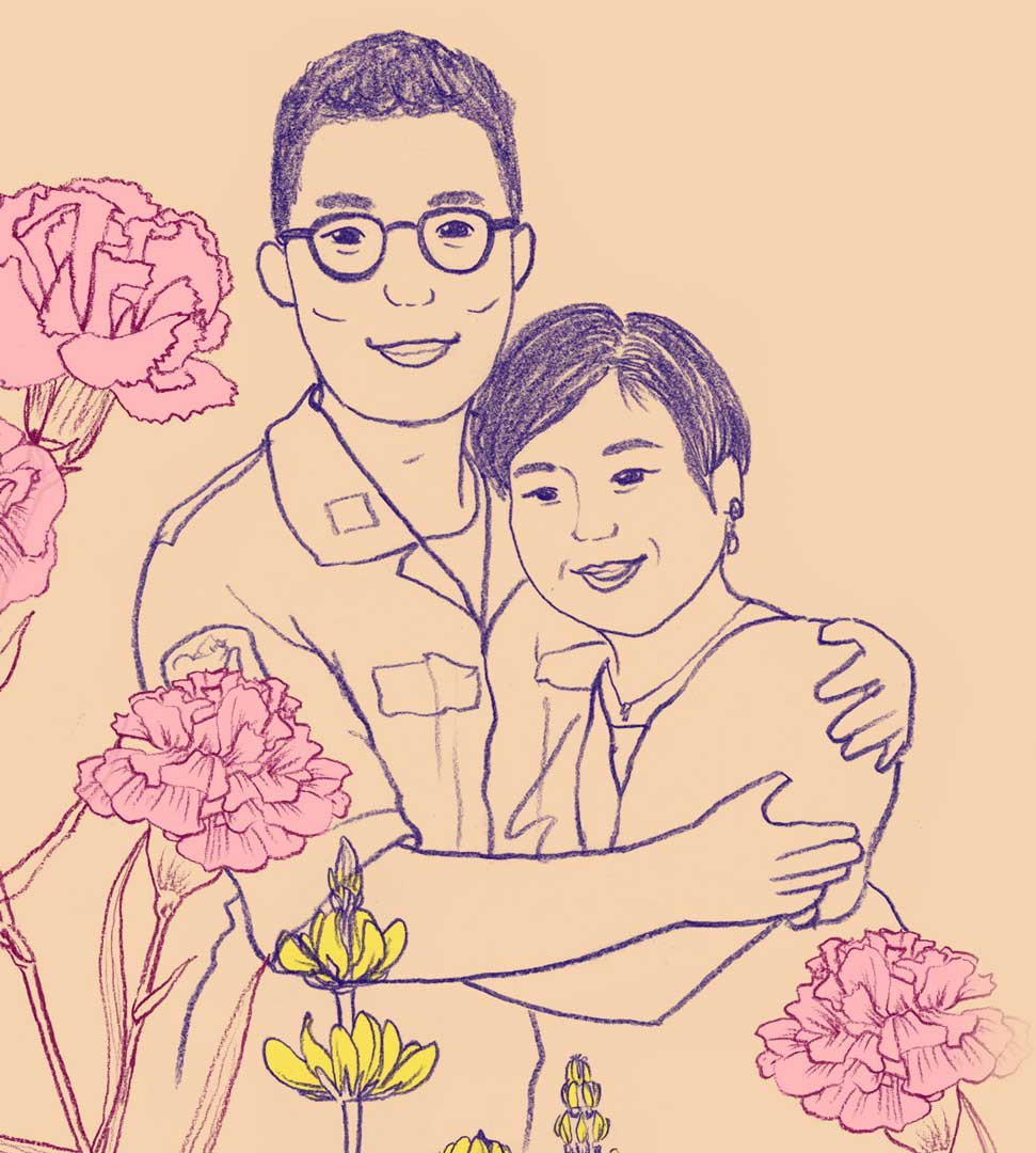 楊吉原與母親的素描照。