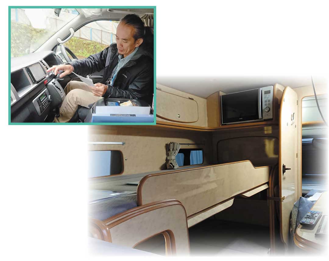 日本導航系統可用電話號碼搜尋目的地，因此要先把電話號碼準備好。右圖為露營車，具備床鋪、電視、微波爐及冰箱等，是功能強大的移動城堡。