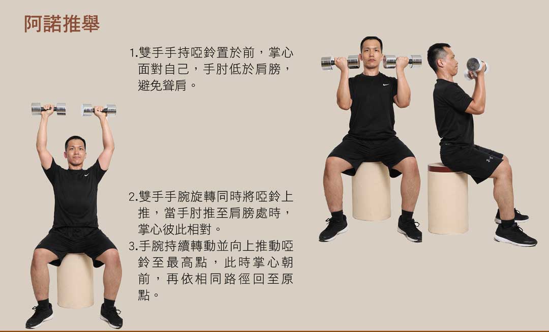 阿諾推舉雙手與手肘全程與地面垂直，將啞鈴垂直上推，而非往前或往後推，啞鈴下放時亦不可過急，以免肩膀受傷。持啞鈴的手不可過度向後彎折，這樣容易造成手腕傷害。