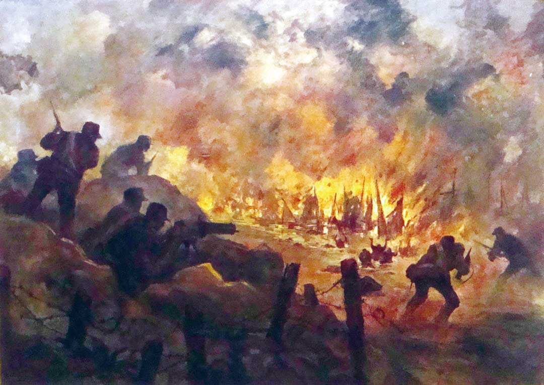 《古寧頭大捷》/油畫300F/1985年
   國防大學政戰學院應用藝術學系教授陳慶熇、金哲夫、林順雄、沈禎等合繪。