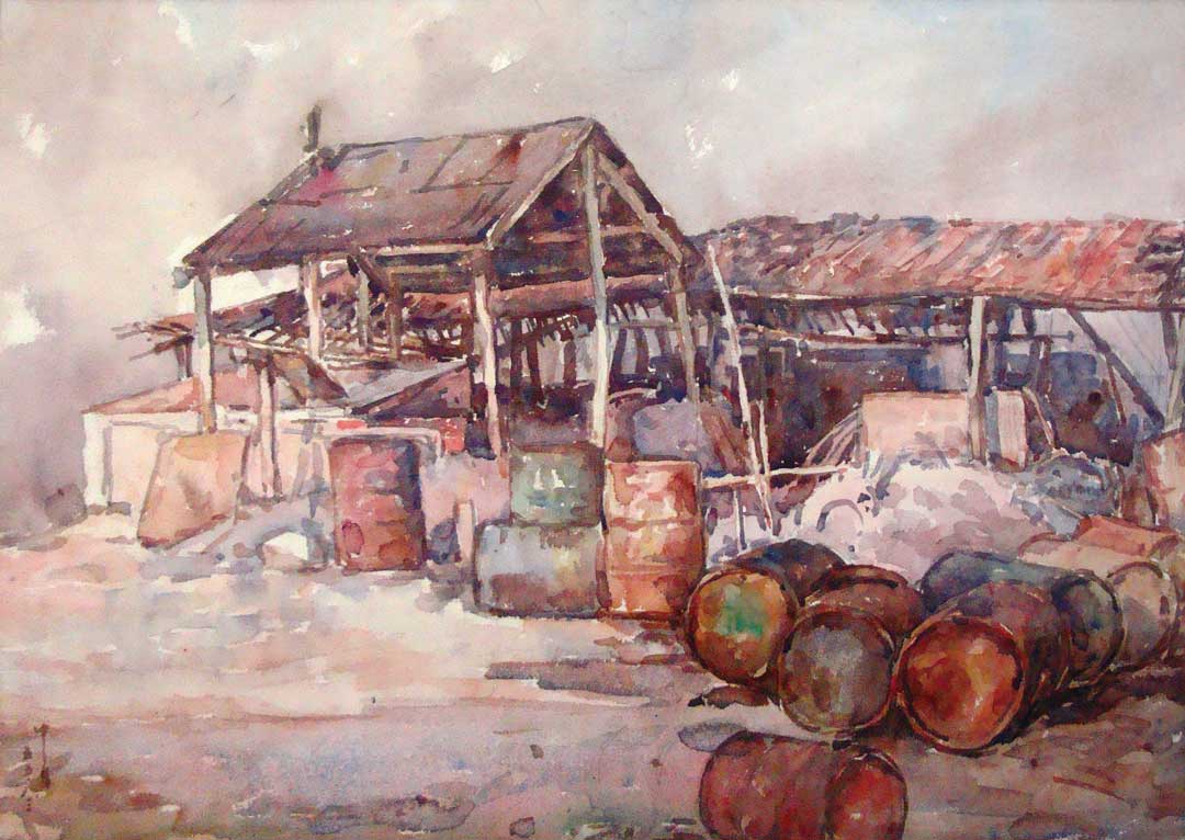 梁中銘《木柵工寮》/  1966年(水彩紙本/37x52cm)