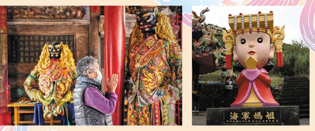 每當信徒遭受挫折或困頓之際，就會向媽祖祈求庇佑。右圖為海軍北方澳進安宮Q版海軍媽祖。