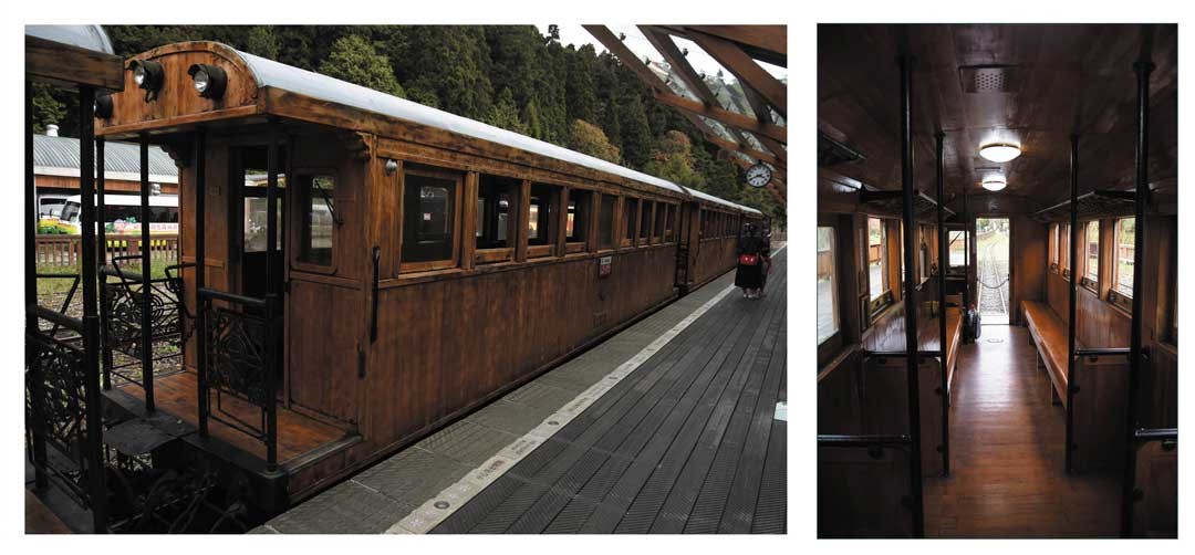 利用漂流木複製的檜木車廂，呈現出古早味的火車風貌。