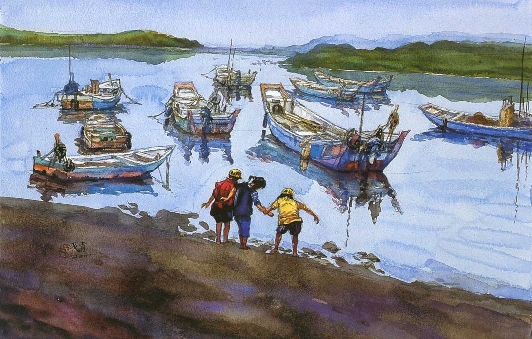 〈三小戲水〉水彩 (2007年38x56cm)。