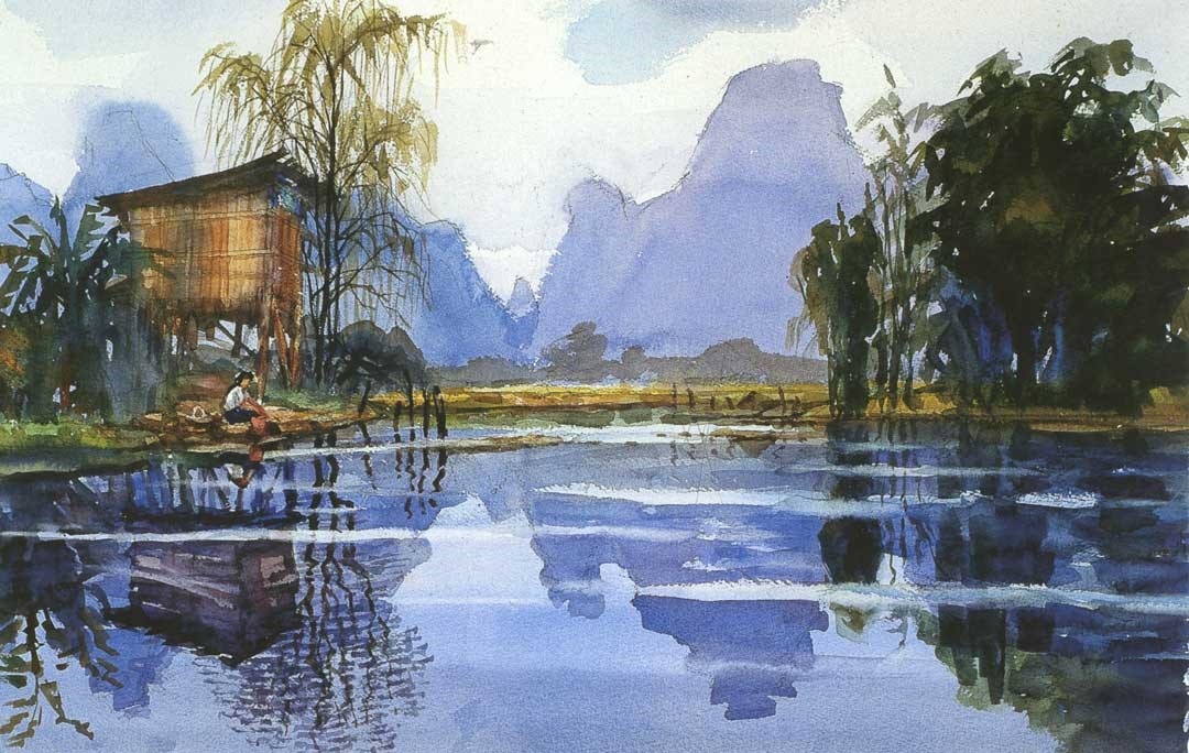 〈山水清音〉水彩 (2005年38x56cm)。