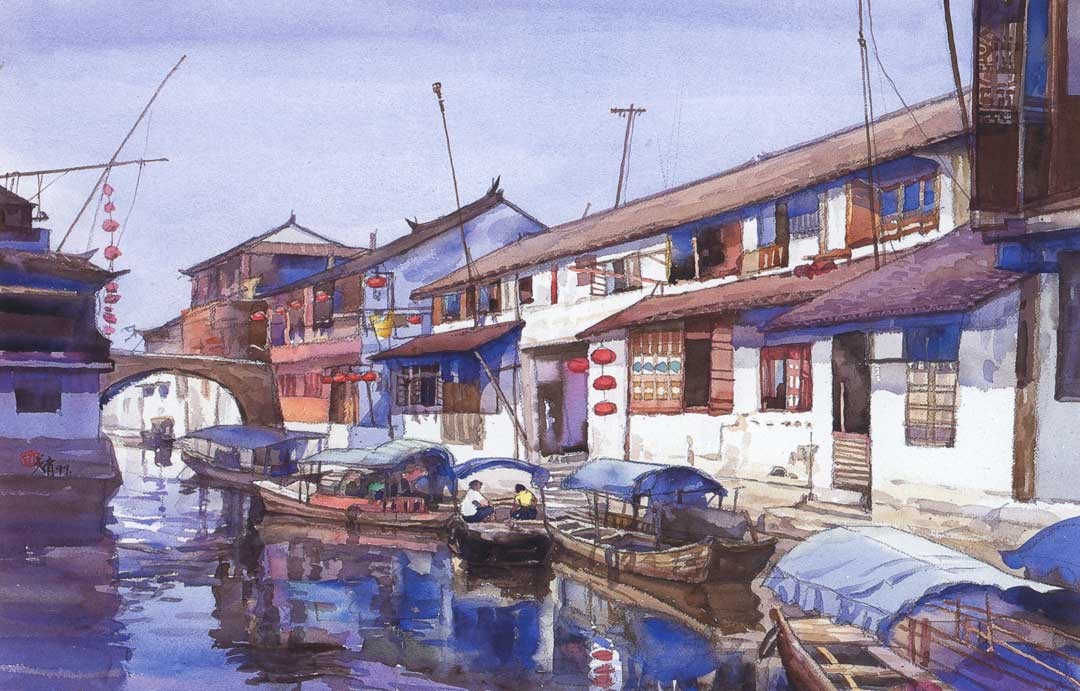 〈周庄采風〉水彩 (1999年78x56cm)。