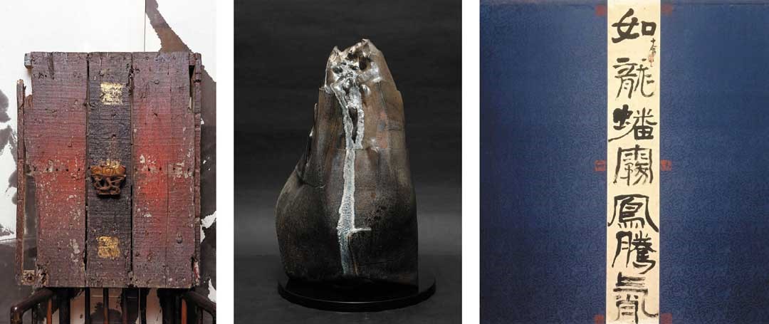 有著重量級文化底蘊的龍潭，孕育出多位文學大師、書法文人、水墨藝術家。
圖為(由左至右)：陳瑞源〈鎮宅〉裝置藝術、折劍居柴陶工作室〈仁者樂山〉、吳逢春書法〈如龍蟠霧鳳騰霄〉。
