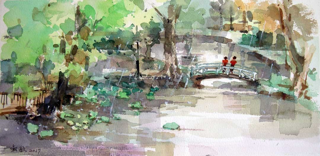 〈雨中曉園〉水彩(民國106年18x38 cm) 。