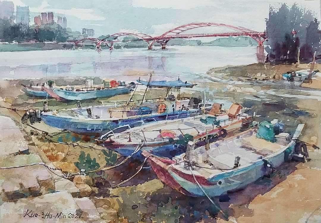 〈八里關渡橋〉水彩(民國110年)。