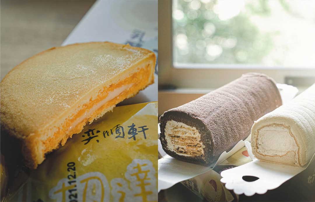 切達乳酪狀元餅(左)及奶凍捲蛋糕(右)，是臺式西點的新選擇。