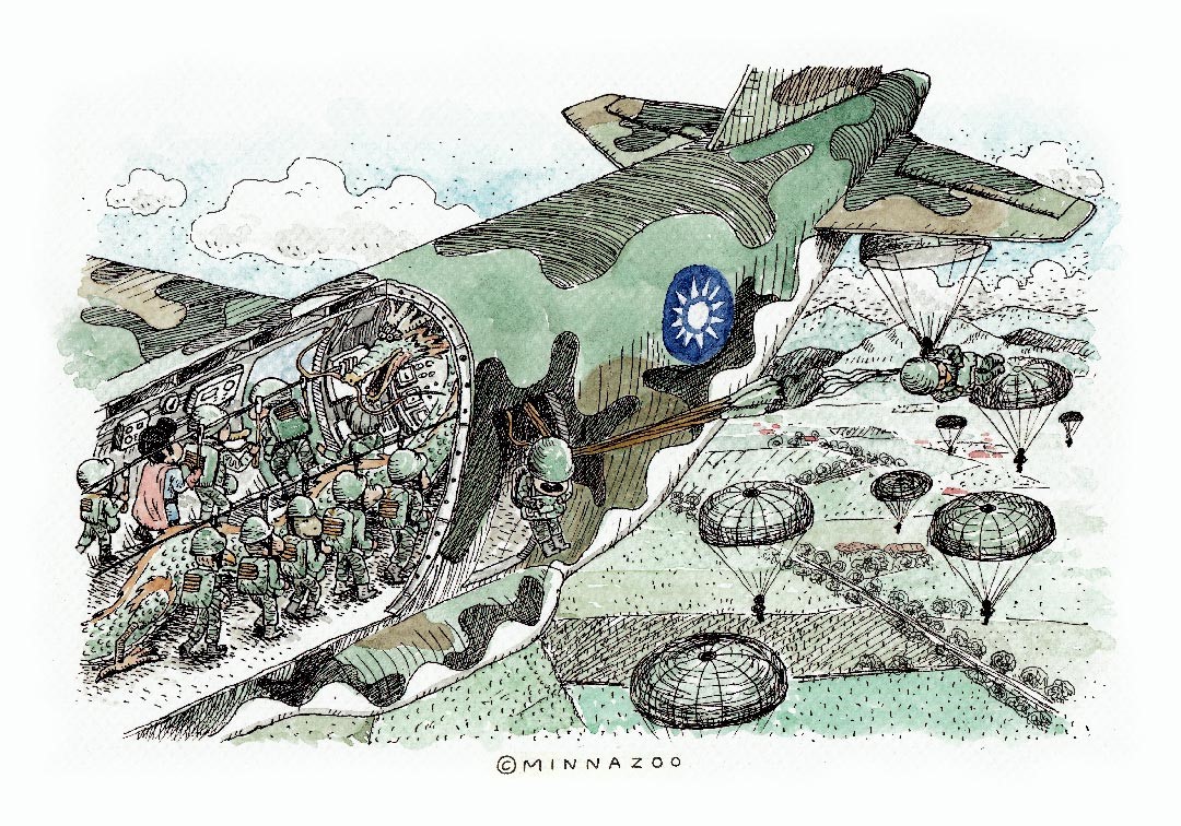 在大武營接受地面訓練後，終於搭上C130H運輸機，從空中一躍而下。