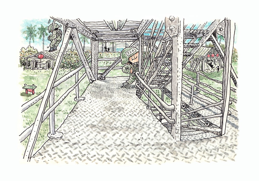 畫筆速寫著昔時航特部的經典畫面，是每一位受訓傘兵的共同記憶。