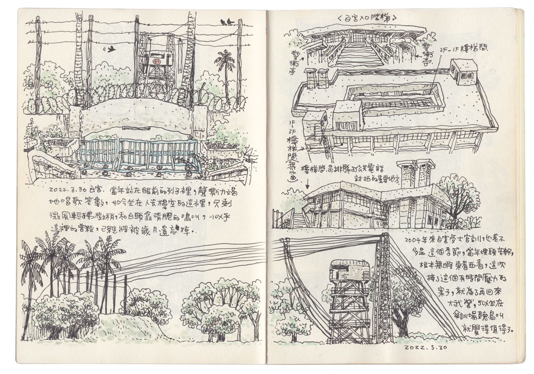 沈恩民用畫筆速寫大武營營區的昔時面貌。