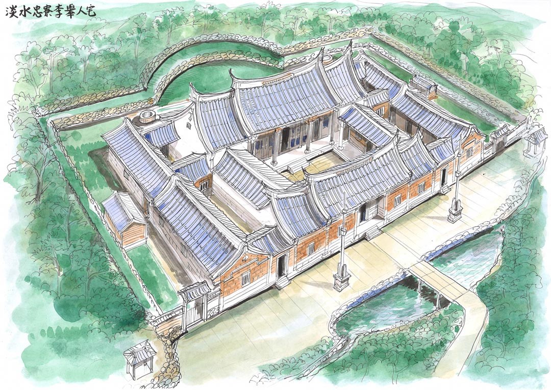 淡水忠寮李舉人宅旗桿厝全區鳥瞰圖。