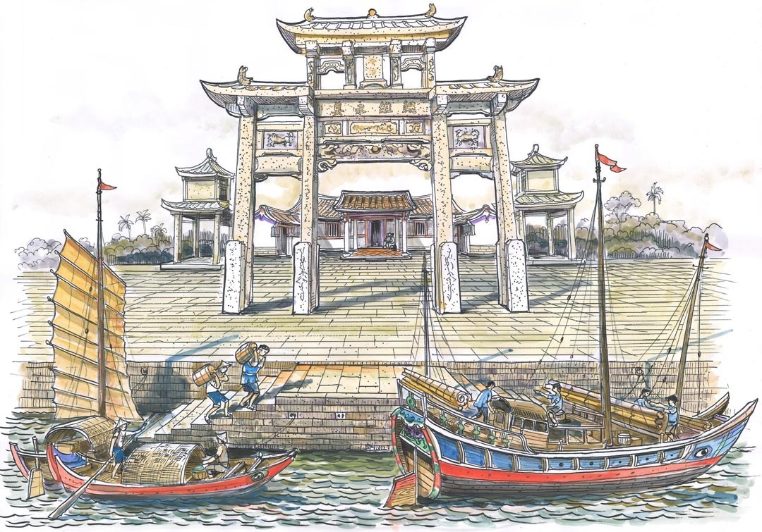 臺南接官亭渡口全景剖面透視圖。