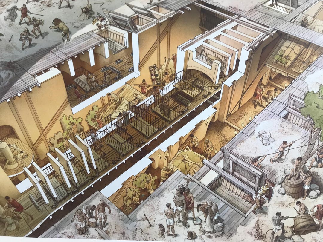 透過博物館提供的模擬示意圖，人、動物和舞臺布景透過暗門裡的升降機，出現在舞臺上，以增加舞臺的張力和效果。